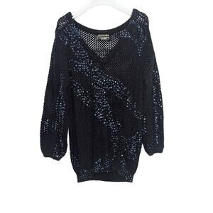 Religion Black Open Knit Crochet Sweater Iridescent Sequins V-Neck Long Sleeve S